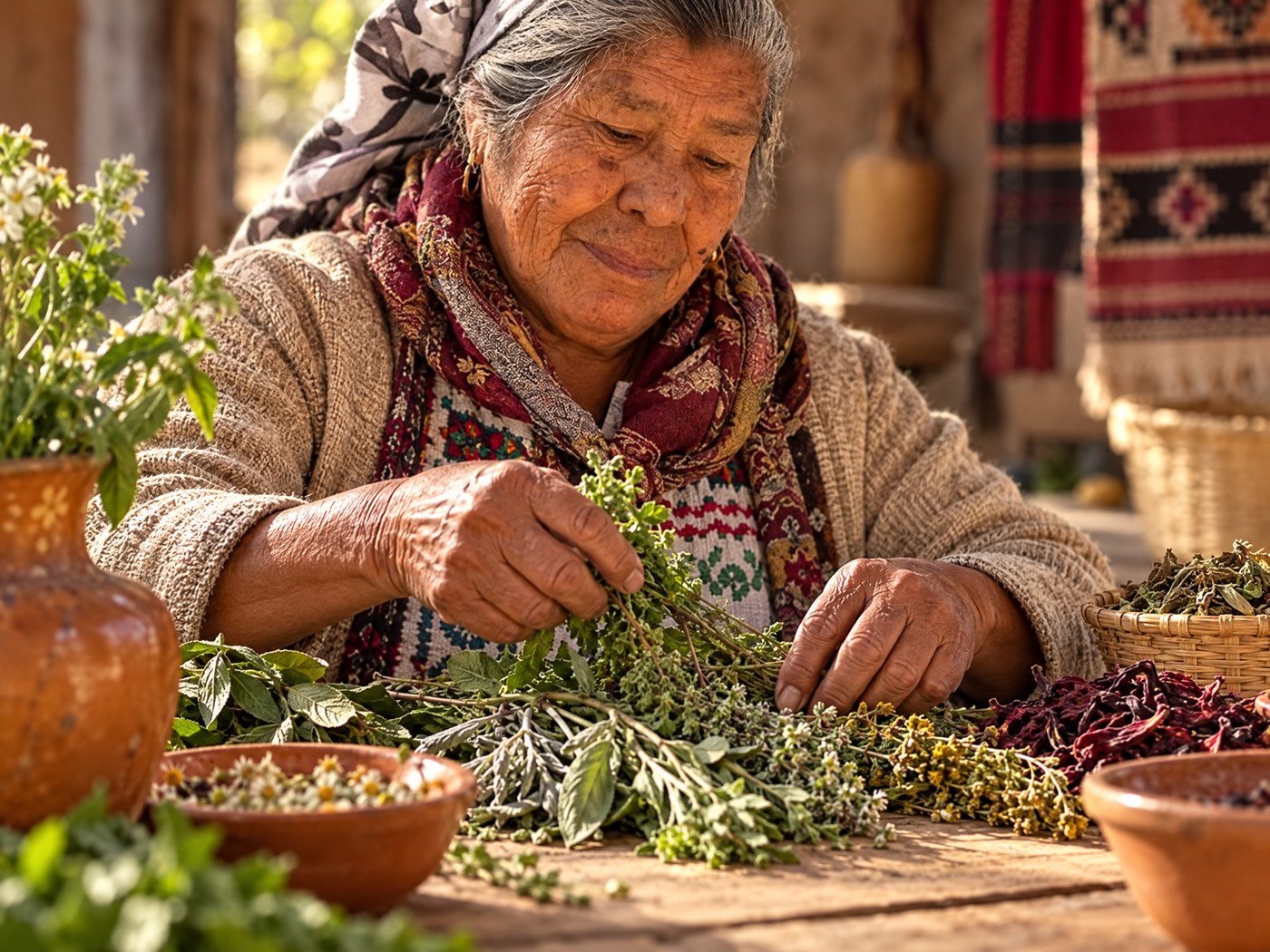 Manos acomodando hierbas y plantas sobre una mesa de madera